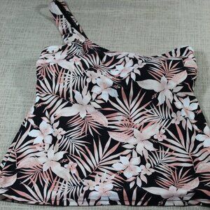 Mynah One Shoulder Tropical Black and Pink Tankini Top